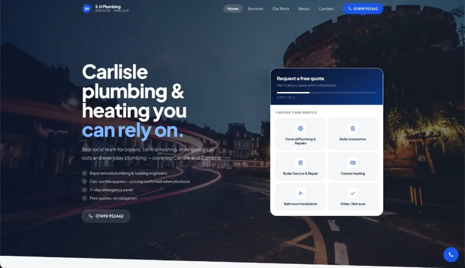 S.H Plumbing website built by LazyJobber — clear headline, call button, and quote form