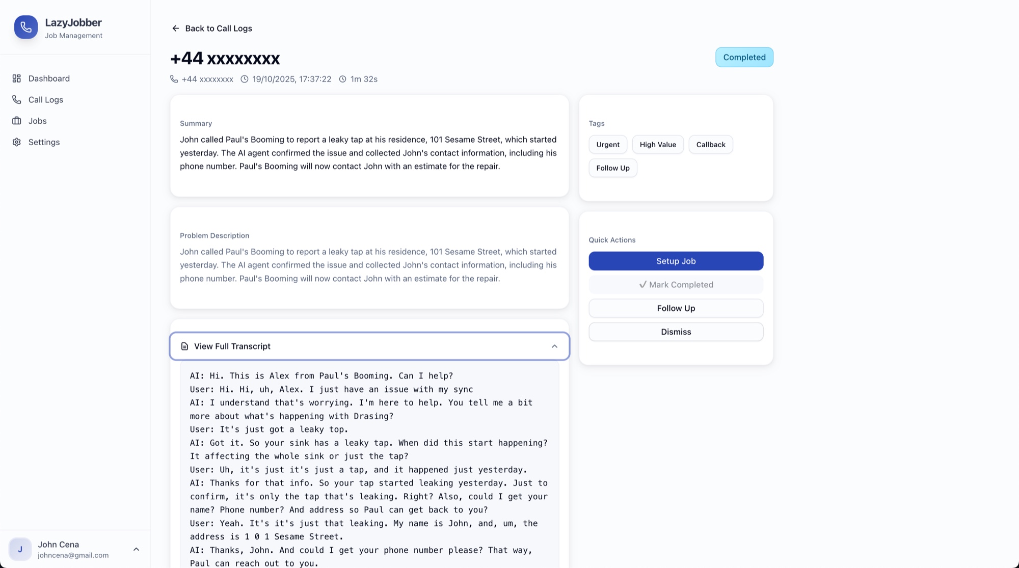 LazyJobber Call Log - Customer Management